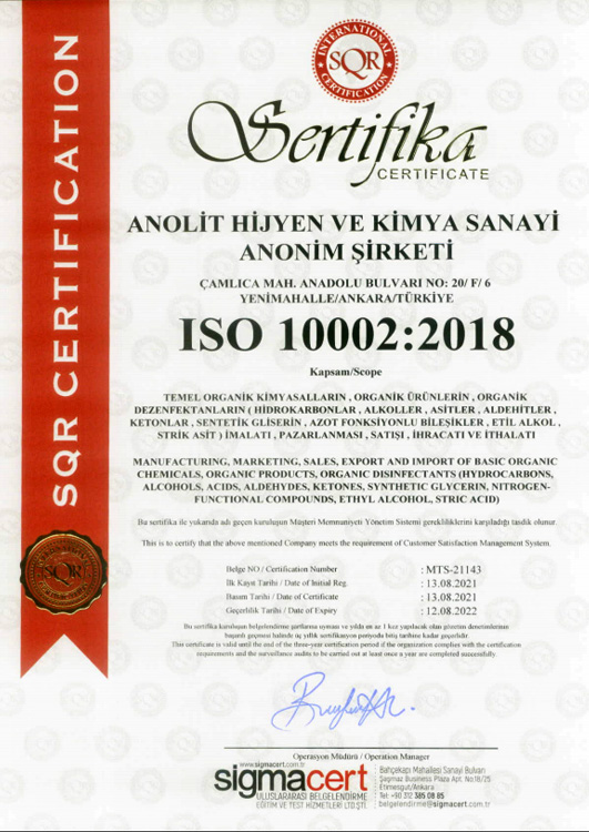 Superox Dezenfektan Ürün Ruhsatı ISO 10002 Belgesi