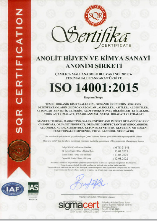Superox Dezenfektan Ürün Ruhsatı ISO 14001 belgesi