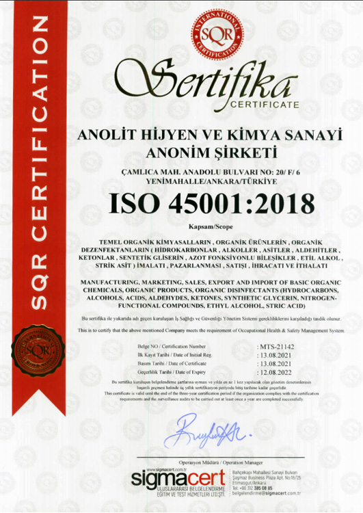 Superox Dezenfektan Ürün Ruhsatı ISO 45001 belgesi