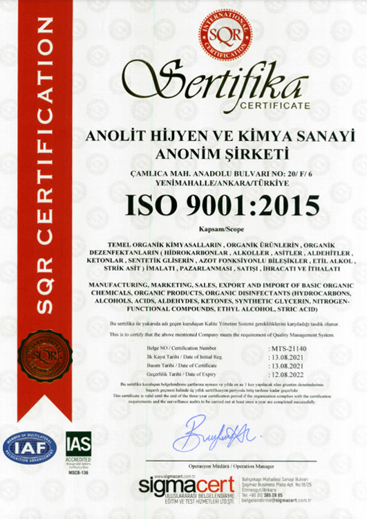 Superox Dezenfektan Ürün Ruhsatı ISO 9001 Belgesi
